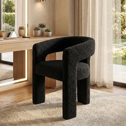 HNY Modern Sherpa Barrel Single Dining Chair, Black | Upholstered Accent Armchair With 18.21" Wide Seat No Assembly Required For Living Room Bedroom Vanity Small Spaces - color: Black Sherpa