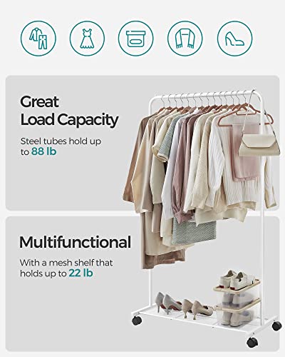 SONGMICS Clothes Rack with Wheels, Clothing Rack for Hanging Clothes, 25.4 mm Metal Garment Rack with Dense Mesh Storage Shelf, 110 lb Load Capacity, 2 Brakes, Cloud White UHSR025W01 - color: White, style: Single Rod