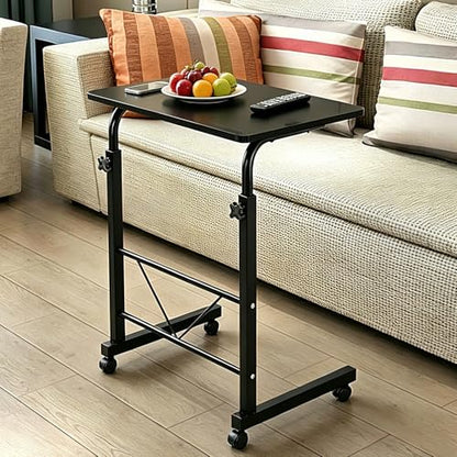 Sofa Side Table C Shaped End Table with Wheels, Black Rolling Bedside Laptop Table Snack Table TV Tray, Height Adjustable, Wooden Top & Metal Frame - color: Black, 23.6"-style 2