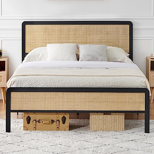 IDEALHOUSE Rattan Queen Size Bed Frame with Natural Rattan Headboard, Cane Boho Queen Size Platform Bed Frame,Natural Bed Frame No Box Spring Needed, Noise-Free, Easy Assembly(Black)
