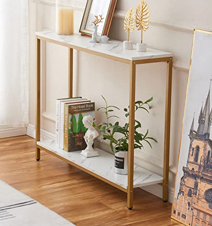 loglus Console Table for Entryway, Faux Marble MDF Indoors Sofa Table with Golden Frame for Small Rooms, Double Layer, White Marble, 9.45" D x 38.19" W x 29.72" H - color: White Marble, style: Double Layer