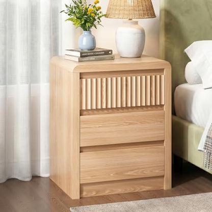 LYNSOM Fluted Nightstand Set of 2, Wood End Table with 3 Drawer, Oak | Mid Century Modern Night Stand with Stoarge, Bedside Table with Curved Profile Design for Living Room, Office, 20" W - color: Oak, size: 3 Drawers