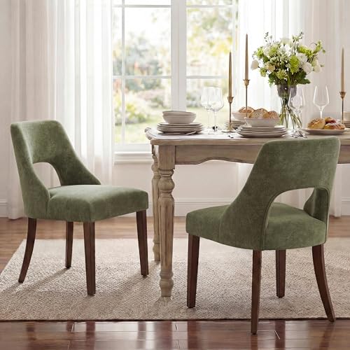 UVV Wooden Dining Chairs Set of 4, Mid Century Modern Chenille Upholstered Dining Room Chair Kitchen Chairs, Farmhouse Dinner Chair with Solid Wood Legs for Kitchen Dining Room, Green - color: Green, size: Set of 4