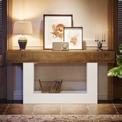 Tribesigns 63" Console Table, Farmhouse 2-Tier Entryway Table with U-Shaped Base, Narrow Long Wood Sofa Table Behind Couch Table for Living Room, Hallway, Foyer, Light Brown & White - color: Light Brown & White