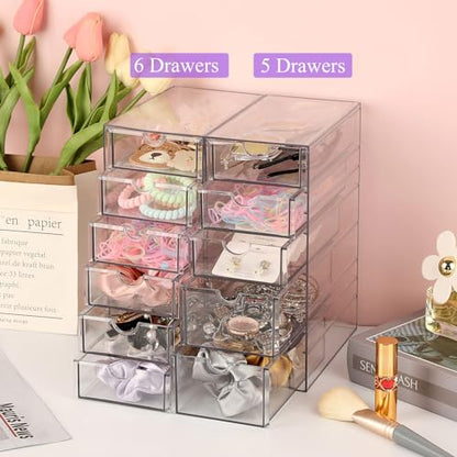 Hipiwe 5-Drawers Plastic Storage Organizer Clear Hair Accessories Organizer | Large Capacity Drawers Box for Bathroom, Dresser, Cosmetic Hair Tie Container for Women - size: 5-Drawers, 6.9"Lx4.1"Wx9.8"H