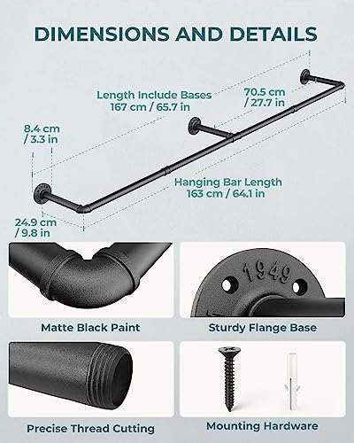 OROPY 65.7" Heavy Duty Industrial Pipe Clothes Rack for Hanging Clothes | Wall Mounted Clothes Bar, Space Saving Iron Garment Rack, Multi-Purpose Hanging Rod for Bedroom, Closet, Black, 3 Base