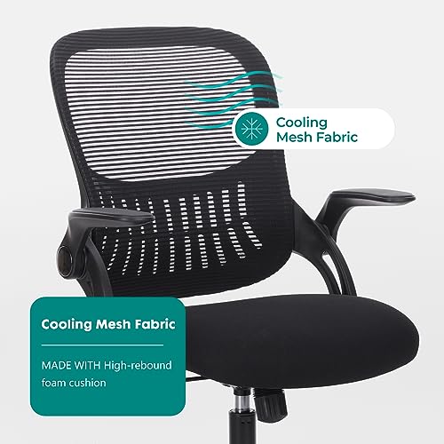 Sweetcrispy Executive Home Office Chair, Mesh Office Chair, Black | Ergonomic Executive, Adjustable Height, 360° Swivel Wheels, Mid-Back, Comfy Arms, Bedroom, Study, Student - color: Black, size: 18.5"D&Flip-up Arms-Plus
