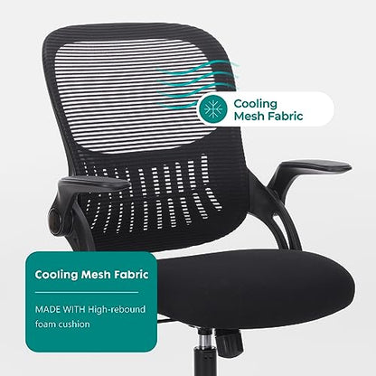 Sweetcrispy Executive Home Office Chair, Mesh Office Chair, Black | Ergonomic Executive, Adjustable Height, 360° Swivel Wheels, Mid-Back, Comfy Arms, Bedroom, Study, Student - color: Black, size: 18.5"D&Flip-up Arms-Plus