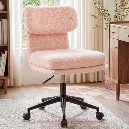 COMHOMA Vanity Chair with Ergonomic Curved Backrest, Home Office Desk Chair with Silent Wheel, Wide Seating Computer Chair for Girls Women Bedroom, Soft Teddy Fabric, Pink - color: Pink, Teddy Fleece