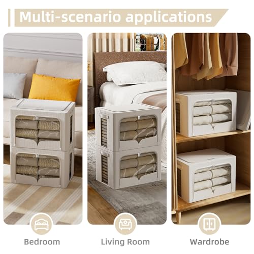 FHSQX 3 Pack Clothes Storage Bins with Metal Frame | 15.7x11.8x9.8inch (30L),Foldable, Stackable, Linen Fabric, Carrying Handles, Clear Window - color: Cream White, size: 15.7x11.8x9.8inch(30L)