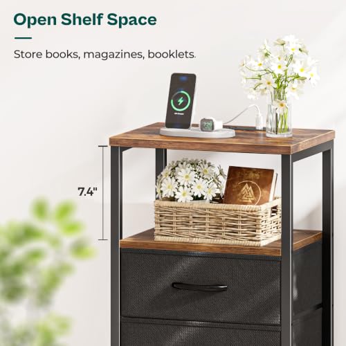 Huuger Nightstand with Charging Station, Side Table with Fabric Drawers, End Table with Open Shelf, Bedside Table with USB Ports and Outlets, Night Stand for Bedroom, Rustic Brown and Black | End Table with Open Shelf, Bedside Table with USB Ports and Out
