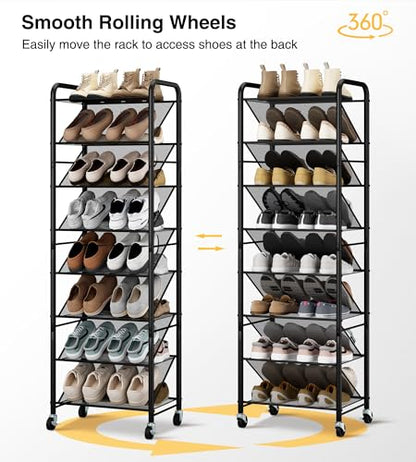 STO STO 8-Tier Narrow Shoe Rack with Lockable Wheels, Double-Sided Vinyl Mesh Shelf Shoe Organizer for Up to 30 Pairs, Slim Space Saving Metal Rolling Shoe Storage for Entryway, Closet, Hallway