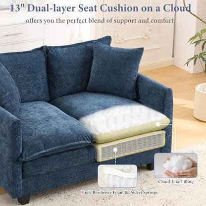 50 Inch Loveseat Sofa | Comfy Small Couch for Bedroom, Living Room, Office | Mini 2 Seater Sofa in a Box | Deep Seat with Double Layer Upholstered Cushion, Removable Cover, Chenille Fabric | Blue - color: Blue, size: 50Inch