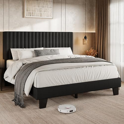 Einhomn Queen Size Bed Frame with Headboard, Upholstered Linen Platform Bedframe with Solid Wooden Slats, Noise-Free, No Box Spring Needed, Easy Assembly, Black - color: Black, size: Queen