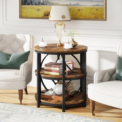 Tribesigns Half Round End Table for Living Room, 3-Tier Half Circle Side Table with Metal Frame, Industrial Half Moon Table, Half Coffee Accent Table Bedside Table for Bedroom, Brown - color: Rustic Brown