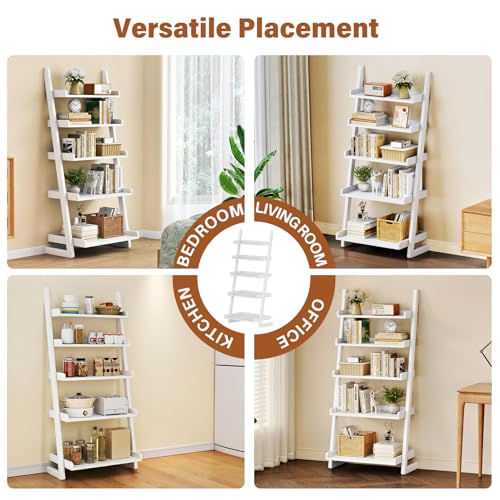 CozyDH Wooden Ladder Shelf, White Ladder Bookshelf Narrow 5-Tier,Ladder Shelf Bookcase Storage for Living Room, Bedroom, Home Office,23.6''Dx15.7''Wx55.1''H - color: White
