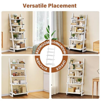 CozyDH Wooden Ladder Shelf, White Ladder Bookshelf Narrow 5-Tier,Ladder Shelf Bookcase Storage for Living Room, Bedroom, Home Office,23.6''Dx15.7''Wx55.1''H - color: White