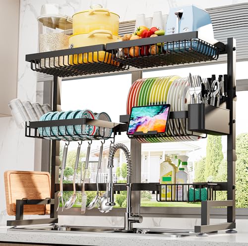 ADBIU Over The Sink Dish Drying Rack (Expandable Height and Length) Snap-On Design 2 Tier Large Dish Rack (27-40L x 12W x 32.5-37H (inches)) - color: Black, size: 27-40L x 12W x 32.5-37H (inches)
