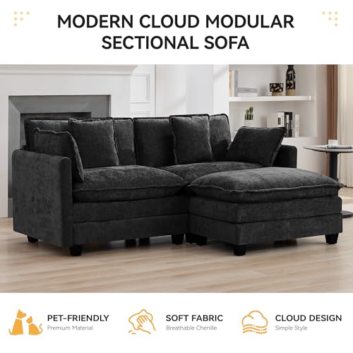 76'' Cloud Deep Seat Loveseat Sofa, Upholstered Chenille Modular 2-Seats Sectional Sofa Couch with Movable Ottoman, Modern Comfy Settee Loveseat for Living Room Set, Small Apartment, Dark Grey - color: Dark Grey, size: 76'' L Shape