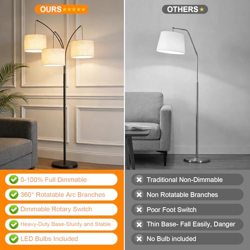 80 Inch Arc Floor Lamp with Remote Control, 3-Light Dimmable Standing Lamp | 2400LM Super Bright Tree Lamp for Living Room, Modern Tall Floor Lamp with Adjustable Arms&Weighted Base,3 LED Bulbs Included - color: Beige