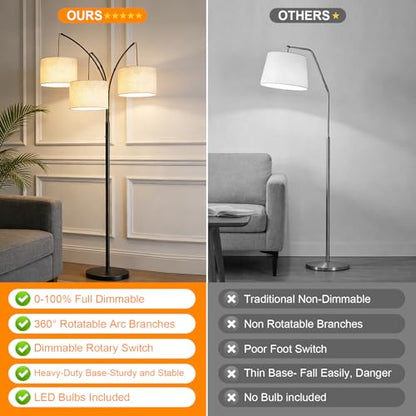 80 Inch Arc Floor Lamp with Remote Control, 3-Light Dimmable Standing Lamp | 2400LM Super Bright Tree Lamp for Living Room, Modern Tall Floor Lamp with Adjustable Arms&Weighted Base,3 LED Bulbs Included - color: Beige
