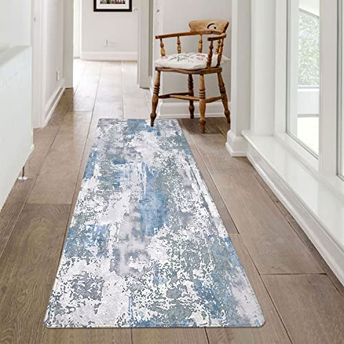famibay 2x6ft Hallway Runner Rug Non Slip Washable Rug Runner Modern Runners for Hallways with Rubber Backing Soft Flurry Low Pile Carpet Runners for Hallway Kitchen Bathroom(Blue and Grey) - color: Blue and Grey, size: 2 x 6 feet
