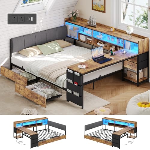 BYSAUD Corner Bed with Storage and Desk, Full Size Bed Frame, Corner Bed Frame with 4 Drawers, 7 Bookcase, 1 Side Storage Bag, Upholstered Headboard, LED Lights, Charging Station, Rustic Brown - color: Vintage Brown, size: Full Corner Bed