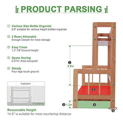 Kitchen Spice Shelf Rack Countertop Bamboo Wood Seasoning Holder Organizer | 2 Tiered Small Tabletop Organizer Shelf for Coffee Station,Codiment,Matcha,Mug,Tea,Jars Holder