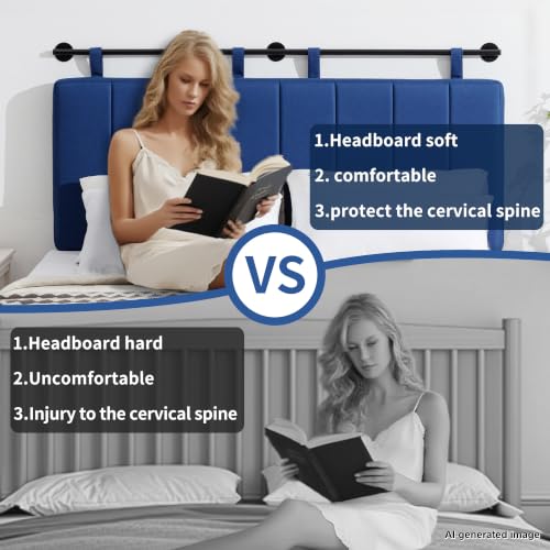 King Headboard Only, Wall Mounted Hanging Upholstered Bed Head Board | Modern Vertical Channel Design of Fine Linen, Elegant Dark Blue Fluted Headboard for Bedroom (Dark Blue, King Size ) - color: Linen/Blue, size: King