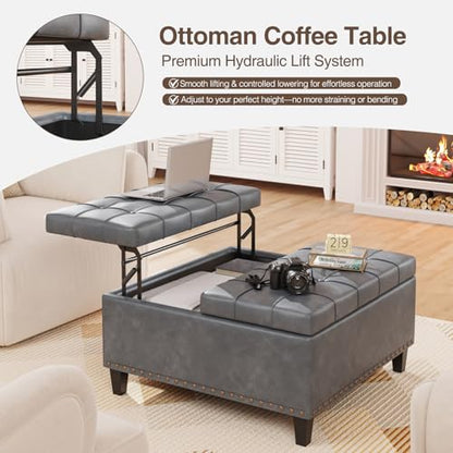 FiveWillowise 31.5 Inch Large Square Ottoman with Storage,Faux Leather | Coffee Table Storage Ottoman Bench with Lift Top Upholstered Footrest Stool Toy Box for Bedroom Living Room,Grey - color: Slate Gray