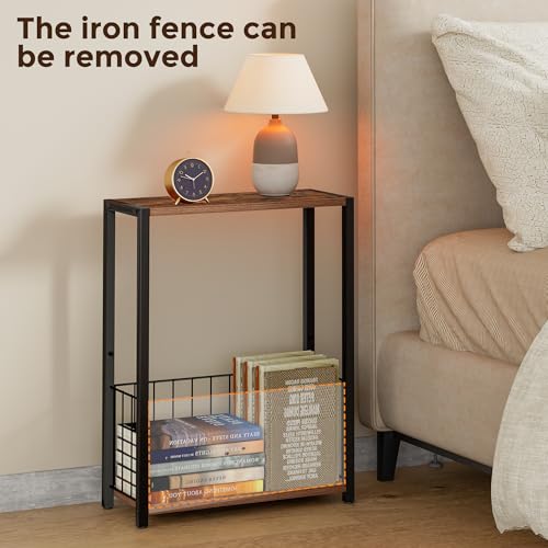 Homleke Narrow Side Table with Magazine Holder, Skinny End Table | Space-Saving Design, Small Spaces, Storage Shelf, Metal Frame, Easy Assembly, 7.1" D x 16.9" W x 23.6" H, Rustic Brown - color: Rustic Brown - Standard