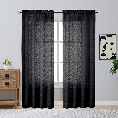 Gwine Black Curtains 72 Inches Long 2 Panels Set, Light Filtering Leaf Jacquard Textured Curtain, Elegant Soft Voile Rod Pocket Window Curtains for Bedroom Living Room, 42Wx72L Inches, 2PCS - color: Black, size: 42"W x 72"L (Pack of 2)