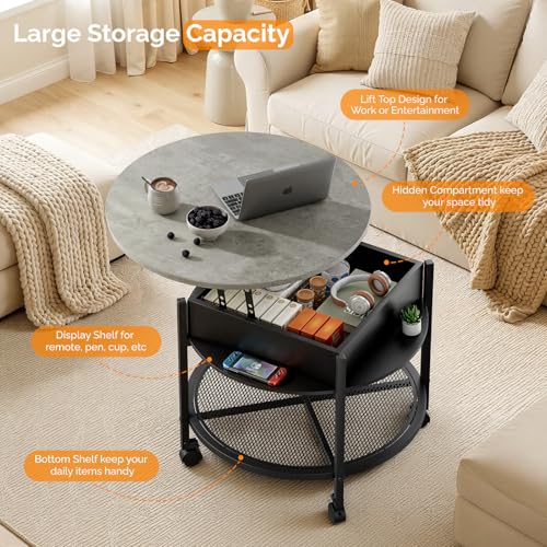 VINGLI 27" Round Lift Top Coffee Table with Wheels & Lights, Black & Grey | Removable Coffee Table with Hidden Compartment Storage & Metal Shelf, Small Farmhouse Coffee Tables for Living Room, Office - color: Black & Grey