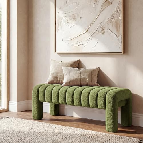 43.3" Dining Room Bench, Green Tufted Upholstered End of Bed Bench, Modern Entryway Ottoman Window Seat with Solid Wood Legs and Padded Seat for Bedroom, Hallway and Living Room (Boucle) - color: Green Boucle, size: 43.3"