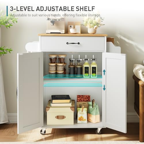 Kitchen Island Cart, Small Kitchen Island with Storage Cabinet and Drawer, Rolling Kitchen Cart on Wheels with Spice Rack and Towel Rack, for Kitchen, Dining Room, White and Natural - color: White + Natural