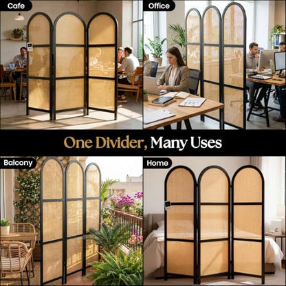 ELK & ELDER 3-Panel Room Divider | Folding Privacy Screen with Arched Dark Wood Frames and Light Woven Panels | Portable Divider for Home,Office, Living Room, Bedroom | 66" H x 56" W |Dark Wood/Beige