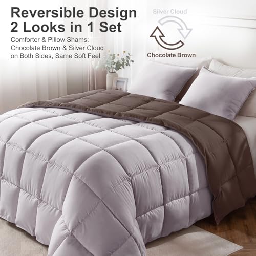 KASENTEX Twin/Twin XL Comforter Set – Reversible Dual Color – Goose Down Alternative – Ultra-Soft, Lightweight, Machine Washable, Maintain Fluffiness, All Season Warmth (Silver Cloud/Chocolate Brown) | 250 GSM Fill, Ultra-Soft, Lightweight, Machine Washab