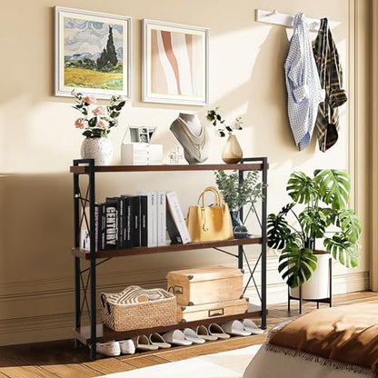 CROWNFURN 3 Tier Bookshelf 35.43" Width, Rustic Open 3 Shelf Short Bookcase with Metal Frame, Industrial Book Shelf for Home Office Bedroom Living Room (Rustic Brown)