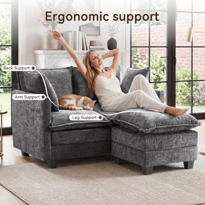 50" Loveseat Sofa with Ottoman, Cloud 2-Layer Cushion & 27" Deep Seat, Modern Love Seat Small Couch with 2 Washable Pillows for Small Spaces, Bedroom, Apartment, Office, Living Room, in a Box, Grey - color: Grey, size: Loveseat with Ottoman