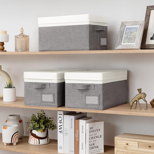 GRANNY SAYS Storage Bins with Lids, Decorative Storage Boxes with Lids | Storage Box with Dust Cover, Handles & Lable, Collapsible, Ideal for Closet Clothes Blanket Toys, Medium, White&Gray, 3-Pack - color: White&Gray, size: Medium