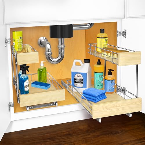 LYNK PROFESSIONAL® SELECT™ Pull Out Under Sink Kitchen Cabinet Organizer - 11.5 in. x 21 inch deep Drawer - Sliding Shelf Organizer and Undersink Storage Shelves - Lifetime Ltd. Warranty – Chrome - color: 11.5"W x 21"D Wood