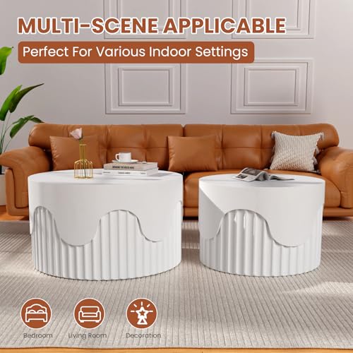 JHKZUDG 2-Pack Nesting Coffee Tables 26.8" & 19.7" White, Fluted Wood | Modern Wood Accent Furniture Set, Space-Saving Design for Living Room & Bedroom, Unique Fluted End Tables - color: 26.77"+19.69" White
