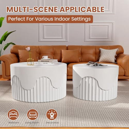JHKZUDG 2-Pack Nesting Coffee Tables 26.8" & 19.7" White, Fluted Wood | Modern Wood Accent Furniture Set, Space-Saving Design for Living Room & Bedroom, Unique Fluted End Tables - color: 26.77"+19.69" White