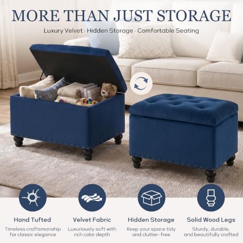 Zihanhome Velvet Storage Ottoman Bench, Button Tufted Ottoman with Hidden Storage, Upholstered Foot Rest Stool with Solid Wood Legs for Living Room, Bedroom, Entryway & Small Spaces (Sapphire Blue) - color: Velvet-sapphire Blue