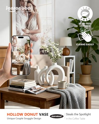 7.2″Hx8.9″H Donut Shape Decorative Vase Set of 2, Ceramic, Modern Minimalism Styles, Flowers or Plant Table Vases for Home Decor Living Room Shelf Entry Console Mantle Dining Centerpiece (Matte White) - color: Matte White