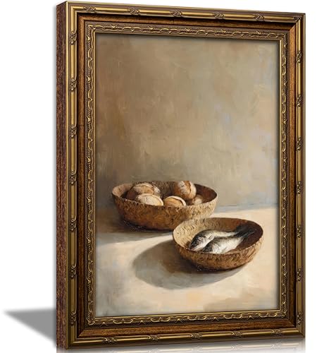 Vintage Gold Framed Still Life Wall Art, Rustic Bread and Fish Painting Canvas Prints, Retro Farmhouse Kitchen Wall Decor, Classic Salted Fish Poster Artwork for Dining Room Kitchen Living Room, 9x11in - color: Bread, size: 11"L x 9"W