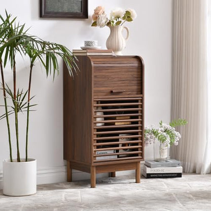Ahokua Modern Single-Door Accent Cabinet with Curved Roll-Top and Slatted Door Design, Tall Narrow Storage Cabinet for Living Room, Entryway, Hallway, or Home Office