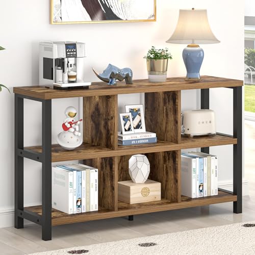 Industrial Horizontal Bookshelf, 6 Cube Storage Organizer with Shelf, Wood and Metal Cubby Bookcase for Living Room Bedroom, Rustic Brown, 47 Inch - color: Brown