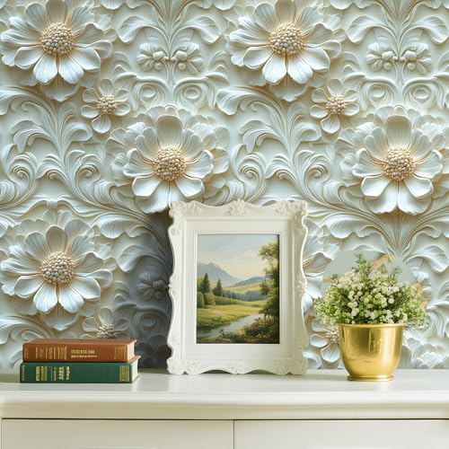 Livelynine Luxury Gold and White Floral 3D Wallpaper Peel and Stick Accent Wall Cover Self Adhesive Ceiling Wallpaper Beige Cream 3D Floral Contact Paper Decorative Wall Panels for Bathroom 17.5x78.8 - size: 17.5" x 78.8"