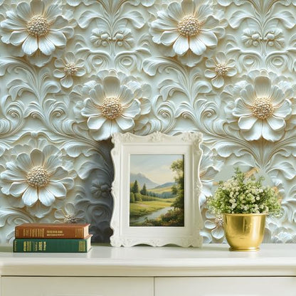 Livelynine Luxury Gold and White Floral 3D Wallpaper Peel and Stick Accent Wall Cover Self Adhesive Ceiling Wallpaper Beige Cream 3D Floral Contact Paper Decorative Wall Panels for Bathroom 17.5x78.8 - size: 17.5" x 78.8"